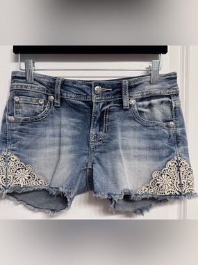 Miss Me Light Blue Denim Jean Shorts with Cream Lace Trim